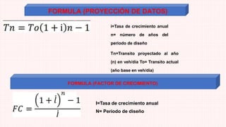 FORMULA (PROYECCIÓN DE DATOS)
i=Tasa de crecimiento anual
n= número de años del
periodo de diseño
Tn=Transito proyectado al año
(n) en veh/día To= Transito actual
(año base en veh/día)
FORMULA (FACTOR DE CRECIMIENTO)
I=Tasa de crecimiento anual
N= Periodo de diseño
 