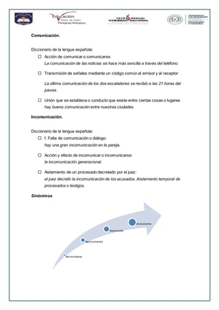 Comunicación.
Diccionario de la lengua española:
 Acción de comunicar o comunicarse.
La comunicación de las noticias se hace más sencilla a través del teléfono.
 Transmisión de señales mediante un código común al emisor y al receptor
La última comunicación de los dos escaladores se recibió a las 21 horas del
jueves.
 Unión que se establece o conducto que existe entre ciertas cosas o lugares
hay buena comunicación entre nuestras ciudades
Incomunicación.
Diccionario de la lengua española:
 f. Falta de comunicación o diálogo:
hay una gran incomunicación en la pareja.
 Acción y efecto de incomunicar o incomunicarse:
la incomunicación generacional.
 Aislamiento de un procesado decretado por el juez:
el juez decretó la incomunicación de los acusados. Aislamiento temporal de
procesados o testigos.
Sinónimos
Retraimiento
Apartamiento
Separación
Aislamiento
 