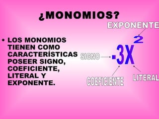 ¿MONOMIOS?
• LOS MONOMIOS
TIENEN COMO
CARACTERÍSTICAS
POSEER SIGNO,
COEFICIENTE,
LITERAL Y
EXPONENTE.
 