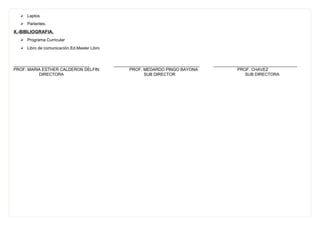  Laptos
 Parlantes.
X.-BIBLIOGRAFIA.
 Programa Curricular
 Libro de comunicación.Ed.Master Libro
______________________________ __________________________________ _________________________________
PROF. MARIA ESTHER CALDERON DELFIN PROF. MEDARDO PINGO BAYONA PROF. CHAVEZ
DIRECTORA SUB DIRECTOR SUB DIRECTORA
 