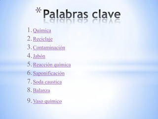 *
1. Química
2. Reciclaje
3. Contaminación
4. Jabón
5. Reacción química
6. Saponificación
7. Soda caustica
8. Balanza
9. Vaso químico
 