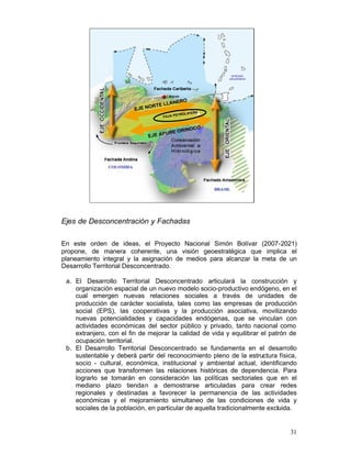 O
                                    LANER
                               RTE L
                         EJE NO
                                              LÍ ERA
                                          ETROLÍF
                                   FAJA P


                                             CO
                                        ORINO
                                   PURE
                              EJE A




Ejes de Desconcentración y Fachadas

En este orden de ideas, el Proyecto Nacional Simón Bolívar (2007-2021)
propone, de manera coherente, una visión geoestratégica que implica el
planeamiento integral y la asignación de medios para alcanzar la meta de un
Desarrollo Territorial Desconcentrado.

 a.	 El Desarrollo Territorial Desconcentrado articulará la construcción y
     organización espacial de un nuevo modelo socio-productivo endógeno, en el
     cual emergen nuevas relaciones sociales a través de unidades de
     producción de carácter socialista, tales como las empresas de producción
     social (EPS), las cooperativas y la producción asociativa, movilizando
     nuevas potencialidades y capacidades endógenas, que se vinculan con
     actividades económicas del sector público y privado, tanto nacional como
     extranjero, con el fin de mejorar la calidad de vida y equilibrar el patrón de
     ocupación territorial.
 b. El Desarrollo Territorial Desconcentrado se fundamenta en el desarrollo
     sustentable y deberá partir del reconocimiento pleno de la estructura física,
     socio - cultural, económica, institucional y ambiental actual, identificando
     acciones que transformen las relaciones históricas de dependencia. Para
     lograrlo se tomarán en consideración las políticas sectoriales que en el
     mediano plazo tiendan a demostrarse articuladas para crear redes
     regionales y destinadas a favorecer la permanencia de las actividades
     económicas y el mejoramiento simultaneo de las condiciones de vida y
     sociales de la población, en particular de aquella tradicionalmente excluida.


                                                                                31
 