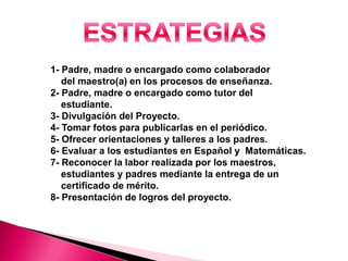 1- Padre, madre o encargado como colaborador
   del maestro(a) en los procesos de enseñanza.
2- Padre, madre o encargado como tutor del
   estudiante.
3- Divulgación del Proyecto.
4- Tomar fotos para publicarlas en el periódico.
5- Ofrecer orientaciones y talleres a los padres.
6- Evaluar a los estudiantes en Español y Matemáticas.
7- Reconocer la labor realizada por los maestros,
   estudiantes y padres mediante la entrega de un
   certificado de mérito.
8- Presentación de logros del proyecto.
 