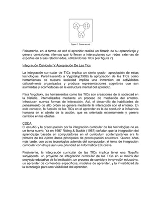 Finalmente, en la forma en red el aprendiz realiza un filtrado de su aprendizaje y
genera conexiones internas que lo llevan a interacciones con redes externas de
expertos en áreas relacionadas, utilizando las TICs (ver figura 7).

Integración Curricular Y Apropiación De Las Tics

La integración curricular de TICs implica un cierto grado apropiación de estas
tecnologías. Parafraseando a Vygotsky(1989) la apropiación de las TICs como
herramientas de nuestra sociedad implica una inmersión en actividades
culturalmente organizadas y produce representaciones cognitivas que son
asimiladas y acomodadas en la estructura mental del aprendiz.

Para Vygotsky, las herramientas como las TICs son creaciones de la sociedad en
la historia, internalizadas mediante un proceso de mediación del entorno.
Introducen nuevas formas de interacción. Así, el desarrollo de habilidades de
pensamiento de alto orden se genera mediante la interacción con el entorno. En
este contexto, la función de las TICs en el aprender es la de conducir la influencia
humana en el objeto de la acción, que es orientada externamente y genera
cambios en los objetos.

CODA
El estudio y la preocupación por la integración curricular de las tecnologías no es
un tema nuevo. Ya en 1987 Riding & Buckle (1987) señalan que la integración del
aprendizaje basado en computadores en el curriculum contemporáneo era la
primera de las cuatro áreas principales de preocupación educativa. Quince años
más tarde, con otras tecnologías además del computador, el tema de integración
curricular constituye aún una prioridad en Informática Educativa.

Finalmente, la integración curricular de las TICs implica tener una filosofía
subyacente, un proyecto de integración curricular de las TICs en el marco del
proyecto educativo de la institución, un proceso de cambio e innovación educativa,
un aprender de contenidos específicos, modelos de aprender, y la invisibilidad de
la tecnología para una visibilidad del aprender.
 