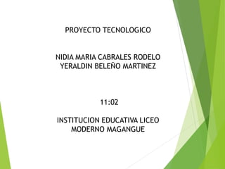 PROYECTO TECNOLOGICO
NIDIA MARIA CABRALES RODELO
YERALDIN BELEÑO MARTINEZ
11:02
INSTITUCION EDUCATIVA LICEO
MODERNO MAGANGUE
 