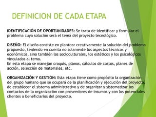 DEFINICION DE CADA ETAPA
IDENTIFICACIÓN DE OPORTUNIDADES: Se trata de identificar y formular el
problema cuya solución será el tema del proyecto tecnológico.
DISEÑO: El diseño consiste en plantear creativamente la solución del problema
propuesto, teniendo en cuenta no solamente los aspectos técnicos y
económicos, sino también los socioculturales, los estéticos y los psicológicos
vinculados al tema.
En esta etapa se manejan croquis, planos, cálculos de costos, planes de
acción, selección de materiales, etc.
ORGANIZACIÓN Y GESTIÓN: Esta etapa tiene como propósito la organización
del grupo humano que se ocupará de la planificación y ejecución del proyecto,
de establecer el sistema administrativo y de organizar y sistematizar los
contactos de la organización con proveedores de insumos y con los potenciales
clientes o beneficiarios del proyecto.
 
