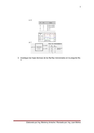 3
3. Investigue las hojas técnicas de los flip-flop mencionados en la pregunta No.
2.
Elaborado por Ing. Marienny Arrieche / Revisado por: Ing. Juan Molina
 