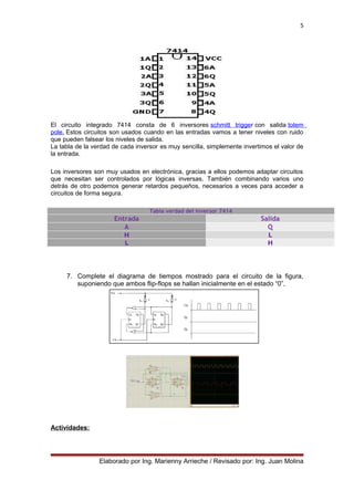 5
El circuito integrado 7414 consta de 6 inversores schmitt trigger con salida totem
pole. Estos circuitos son usados cuando en las entradas vamos a tener niveles con ruido
que pueden falsear los niveles de salida.
La tabla de la verdad de cada inversor es muy sencilla, simplemente invertimos el valor de
la entrada.
Los inversores son muy usados en electrónica, gracias a ellos podemos adaptar circuitos
que necesitan ser controlados por lógicas inversas. También combinando varios uno
detrás de otro podemos generar retardos pequeños, necesarios a veces para acceder a
circuitos de forma segura.
Tabla verdad del inversor 7414
Entrada Salida
A Q
H L
L H
7. Complete el diagrama de tiempos mostrado para el circuito de la figura,
suponiendo que ambos flip-flops se hallan inicialmente en el estado “0”,
Actividades:
Elaborado por Ing. Marienny Arrieche / Revisado por: Ing. Juan Molina
 