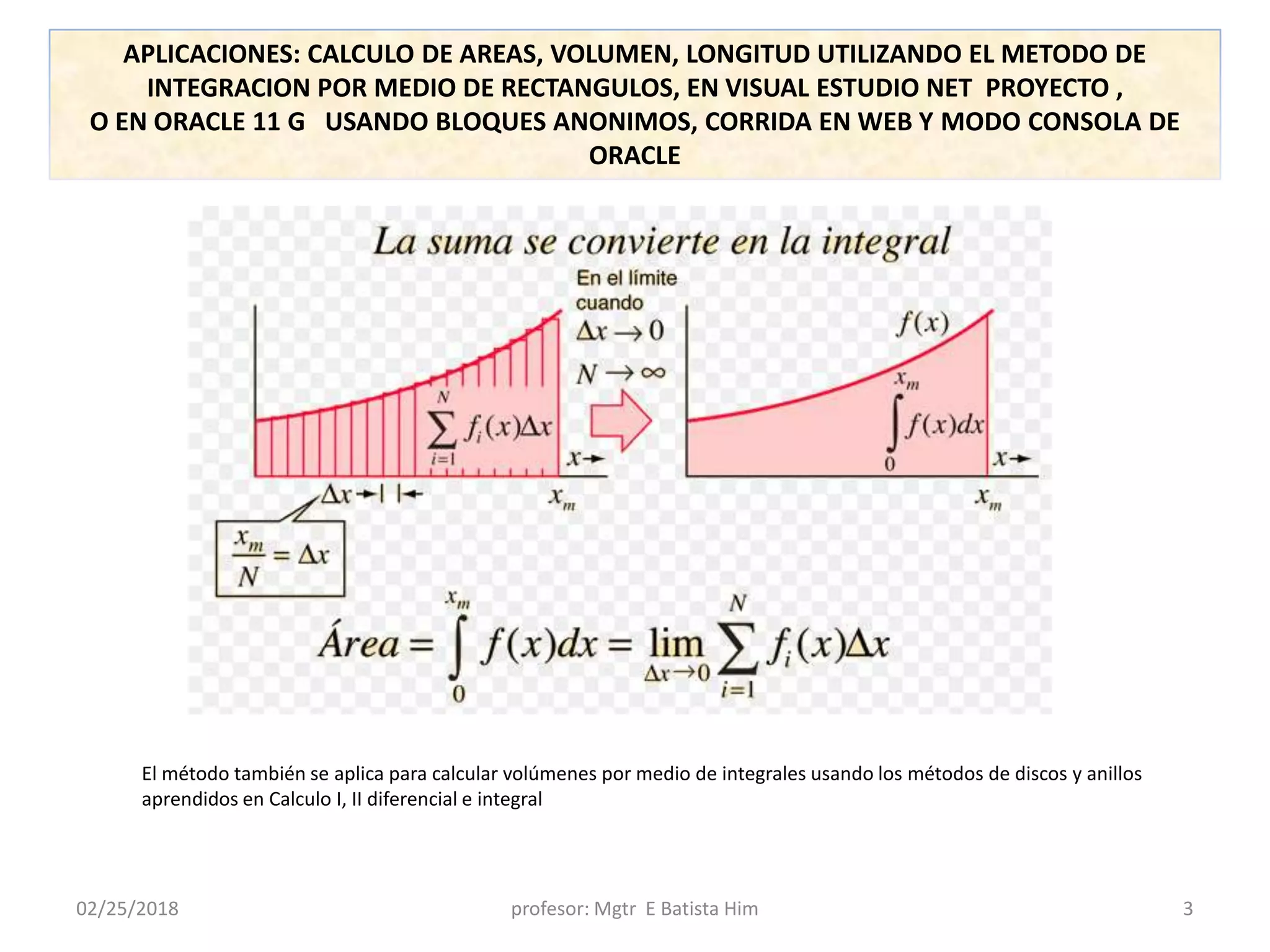 02/25/2018 profesor: Mgtr E Batista Him 3
APLICACIONES: CALCULO DE AREAS, VOLUMEN, LONGITUD UTILIZANDO EL METODO DE
INTEGRACION POR MEDIO DE RECTANGULOS, EN VISUAL ESTUDIO NET PROYECTO ,
O EN ORACLE 11 G USANDO BLOQUES ANONIMOS, CORRIDA EN WEB Y MODO CONSOLA DE
ORACLE
El método también se aplica para calcular volúmenes por medio de integrales usando los métodos de discos y anillos
aprendidos en Calculo I, II diferencial e integral
 