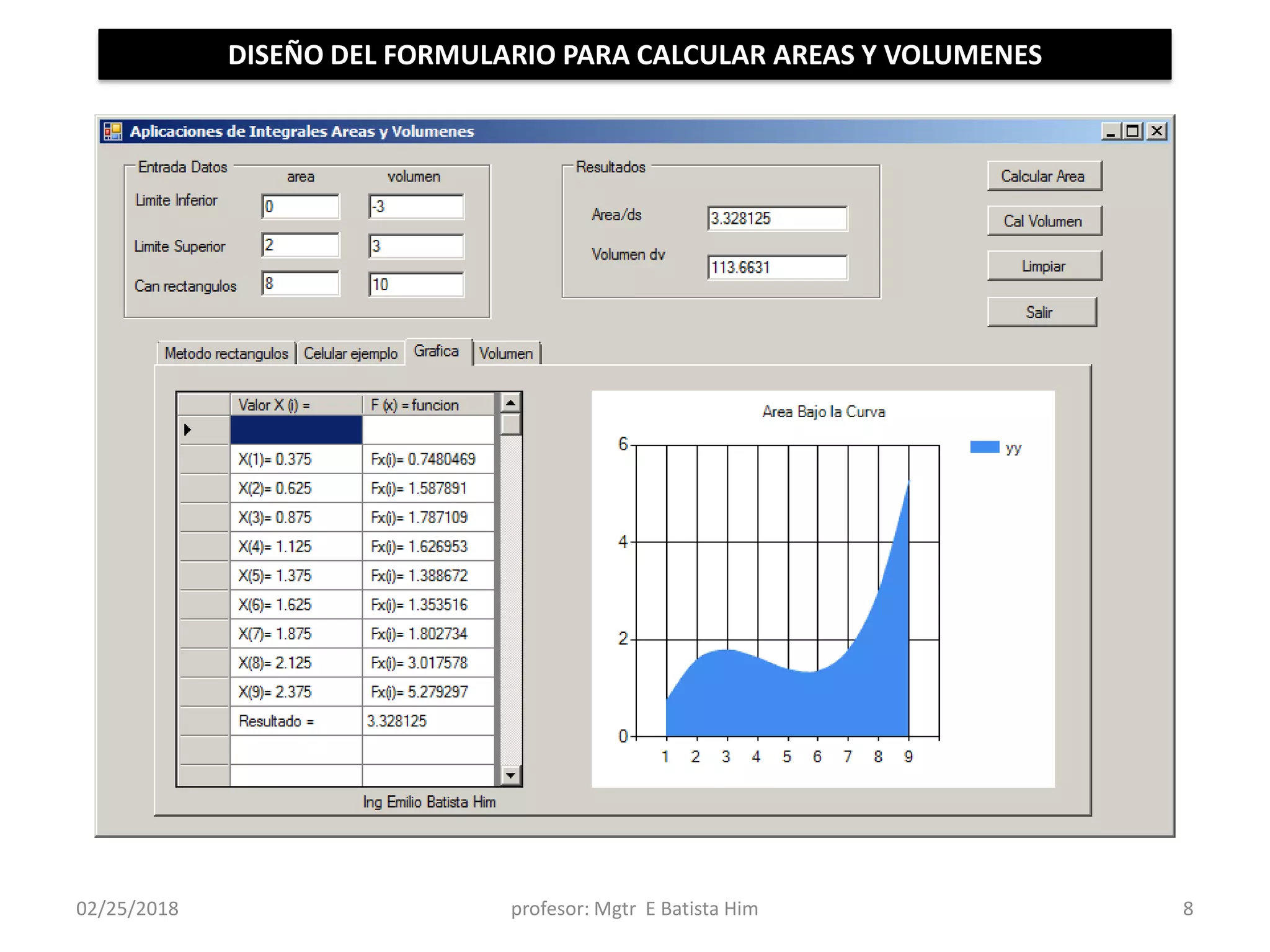 02/25/2018 profesor: Mgtr E Batista Him 8
DISEÑO DEL FORMULARIO PARA CALCULAR AREAS Y VOLUMENES
 