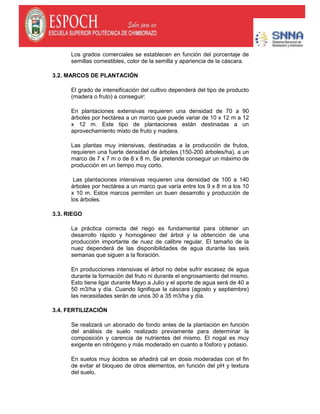 Los grados comerciales se establecen en función del porcentaje de
semillas comestibles, color de la semilla y apariencia de la cáscara.
3.2. MARCOS DE PLANTACIÓN
El grado de intensificación del cultivo dependerá del tipo de producto
(madera o fruto) a conseguir:
En plantaciones extensivas requieren una densidad de 70 a 90
árboles por hectárea a un marco que puede variar de 10 x 12 m a 12
x 12 m. Este tipo de plantaciones están destinadas a un
aprovechamiento mixto de fruto y madera.
Las plantas muy intensivas, destinadas a la producción de frutos,
requieren una fuerte densidad de árboles (150-200 árboles/ha), a un
marco de 7 x 7 m o de 8 x 8 m. Se pretende conseguir un máximo de
producción en un tiempo muy corto.
Las plantaciones intensivas requieren una densidad de 100 a 140
árboles por hectárea a un marco que varía entre los 9 x 8 m a los 10
x 10 m. Estos marcos permiten un buen desarrollo y producción de
los árboles.
3.3. RIEGO
La práctica correcta del riego es fundamental para obtener un
desarrollo rápido y homogéneo del árbol y la obtención de una
producción importante de nuez de calibre regular. El tamaño de la
nuez dependerá de las disponibilidades de agua durante las seis
semanas que siguen a la floración.
En producciones intensivas el árbol no debe sufrir escasez de agua
durante la formación del fruto ni durante el engrosamiento del mismo.
Esto tiene ligar durante Mayo a Julio y el aporte de agua será de 40 a
50 m3/ha y día. Cuando lignifique la cáscara (agosto y septiembre)
las necesidades serán de unos 30 a 35 m3/ha y día.
3.4. FERTILIZACIÓN
Se realizará un abonado de fondo antes de la plantación en función
del análisis de suelo realizado previamente para determinar la
composición y carencia de nutrientes del mismo. El nogal es muy
exigente en nitrógeno y más moderado en cuanto a fósforo y potasio.
En suelos muy ácidos se añadirá cal en dosis moderadas con el fin
de evitar el bloqueo de otros elementos, en función del pH y textura
del suelo.
 