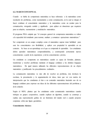 14 
6.2. MARCO CONCEPTUAL 
Cuando se habla de competencia matemática se hace referencia a la matemática como 
resolución de problemas, como razonamiento y como comunicación, en la cual se integra el 
hacer cotidiano al conocimiento matemático y la matemática como un camino para la 
comunicación, otorgando sentido y significado para aplicar en situaciones que requieren 
para su solución, razonamiento y modelación matemática. 
El programa PISA estipula que “el concepto general de competencia matemática se refiere 
a la capacidad del estudiante para razonar, analizar y comunicar operaciones matemáticas.” 
Ser competente en un campo complejo como el matemático supone tener habilidad para 
usar los conocimientos con flexibilidad, y aplicar con propiedad lo aprendido en un 
contexto. Se basa en un aprendizaje en el que se comprende lo aprendido. Los estudiantes 
deben aprender matemáticas comprendiéndolas, y construyendo activamente nuevos 
conocimientos a partir de la experiencia y de los conocimientos previos. 
Un estudiante es competente en matemáticas cuando es capaz de formular, plantear, 
transformar y resolver problemas mediante el lenguaje cotidiano y los distintos lenguajes 
matemáticos. De igual manera utilizando las diferentes representaciones de un objeto 
matemático y justificando los procedimientos realizados. 
La comunicación matemática va más allá de resolver un problema, ésta involucra la 
escritura, la presentación y la argumentación de ideas, tiene que ver con modos de 
interpretación que los estudiantes el dan a un contenido matemático haciendo uso de su 
lenguaje cotidiano para expresar sus ideas de las diferentes representaciones del problema y 
de la solución. 
Según el MEN, plantea que los estudiantes están comunicando matemáticas cuando 
trabajan en grupos cooperativos, cuando explican un algoritmo, cuando se construye y 
explica una representación gráfica de un fenómeno del mundo real o cuando propone 
conjeturas sobre una figura geométrica. 
Conocimientos básicos: 
 