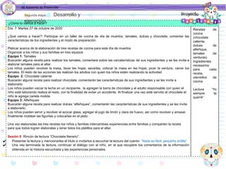Mi Asistente de Preescolar
¿Cómo lo vamos a hacer?
Día 7: Martes 27 de octubre de 2020
¿Qué vamos a hacer?: Participar en un taller de cocina de día de muertos, tamales, dulces y chocolate, comentar las
características de los ingredientes y el modo de preparación.
Platicar acerca de la elaboración de tres recetas de cocina para este día de muertos
Organizar a los niños y sus familias en tres equipos
Equipo 1: Tamales
Buscarán alguna receta para realizar los tamales, comentará sobre las carcaterísticas de sus ingredientes y se les invita a
elaborar tamales para el altar.
Los niños pueden revolver la masa, lavar las hojas, secarlas, colocar la masa en las hojas, picar la verdura, cerrar los
tamales. El resto de las acciones las realizan los adultos con quien los niños estén realizando la actividad
Equipo 2: Chocolate caliente
Buscarán alguna receta para realizar chocolate, comentarán las características de sus ingredientes y se les invita a
elaborarlo.
Los niños pueden vacíar la leche en un recipiente, le agregan la barra de chocolate y el adulto responsable con quien el
niño esté laborando realiza el resto, con la finalidad de evitar un accidente. Al finalizar una vez esté servido el chocolate el
niño le agrega canela molida.
Equipo 3: Alfeñiques
Buscarán alguna receta para realizar dulces “alfeñiques”, comentarán las características de sus ingredientes y se les invita
a elaborarlo.
Los niños pueden servir y revolver el azúcar glass, agregar el jugo de limón y clara de huevo, así como revolver y amasar,
finalmente moldear las figuritas y colocarlas en el plato
Una vez elaboradas las tres recetas los niños y familias intercambias experiencias entre familias y comparten la receta
para que todos logren elaboralas y tener listos los platillos para el altar.
Sesión 6 Rincón de lectura “Chocolate literario”:
✔ Presentar la lectura y mencionarles el título e invitarlos a escuchar la lectura del cuento: “Nada es fácil, pequeña ardilla”
✔ Una vez terminada la lectura, continuar el diálogo con el niño, en el que recupere los comentarios de la información
obtenida en la historia escuchada y las experiencias personales.
Recetas de
cocina
(chocolate
caliente,
dulces de
alfeñique,
tamales de
verduras)
Ingredientes
necesarios
para cada
receta,
utensilios de
cocina
Lectura “Yo
siempre te
querré”
Segunda etapa Desarrollo y
ejecución
 
