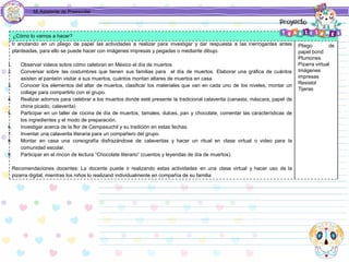 Mi Asistente de Preescolar
¿Cómo lo vamos a hacer?
Ir anotando en un pliego de papel las actividades a realizar para investigar y dar respuesta a las inerrogantes antes
planteadas, para ello se puede hacer con imágenes impresas y pegadas o mediante dibujo.
1. Observar videos sobre cómo celebran en México el día de muertos
2. Conversar sobre las costumbres que tienen sus familias para el día de muertos. Elaborar una gráfica de cuántos
asisten al panteón visitar a sus muertos, cuántos montan altares de muertos en casa
3. Conocer los elementos del altar de muertos, clasificar los materiales que van en cada uno de los niveles, montar un
collage para compartirlo con el grupo.
4. Realizar adornos para celebrar a los muertos donde esté presente la tradicional calaverita (canasta, máscara, papel de
china picado, calaverita)
5. Participar en un taller de cocina de día de muertos, tamales, dulces, pan y chocolate, comentar las características de
los ingredientes y el modo de preparación.
6. Investigar acerca de la flor de Cempasuchil y su tradición en estas fechas.
7. Inventar una calaverita literaria para un compañero del grupo.
8. Montar en casa una coreografía disfrazándose de calaveritas y hacer un ritual en clase virtual o video para la
comunidad escolar.
9. Participar en el rincon de lectura “Chocolate literario” (cuentos y leyendas de día de muertos).
Recomendaciones docentes: La docente puede ir realizando estas actividades en una clase virtual y hacer uso de la
pizarra digital, mientras los niños lo realizand individualmente en compañía de su familia
Pliego de
papel bond
Plumones
Pizarra virtual
Imágenes
impresas
Resistol
Tijeras
 