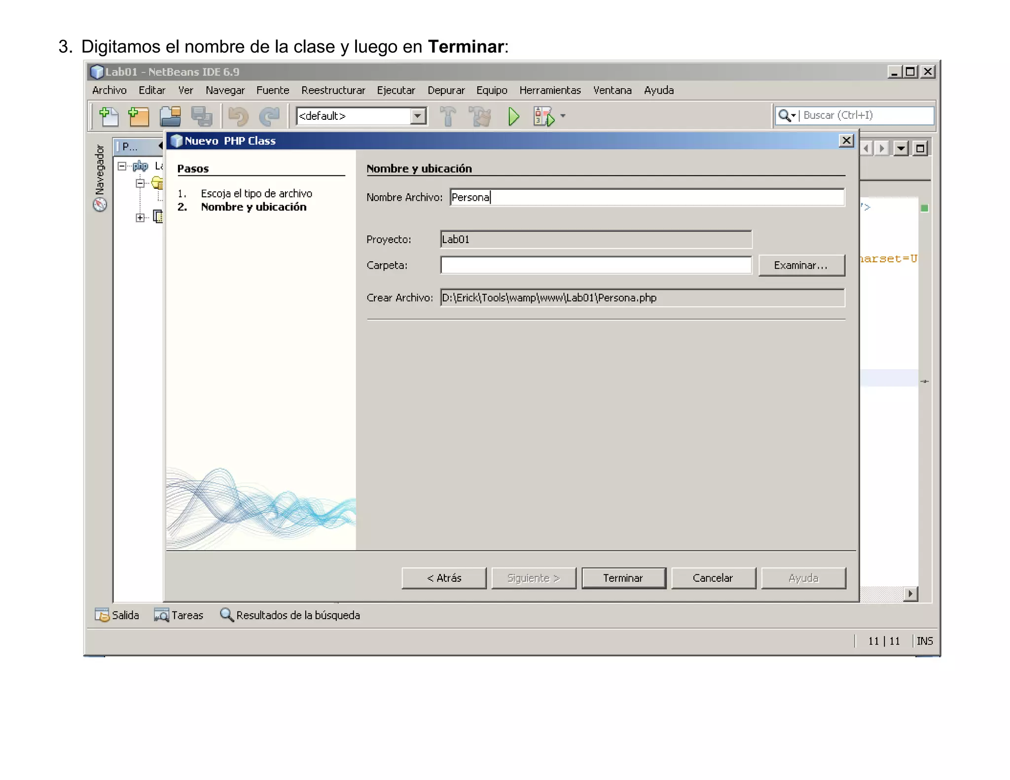 3. Digitamos el nombre de la clase y luego en Terminar:
 