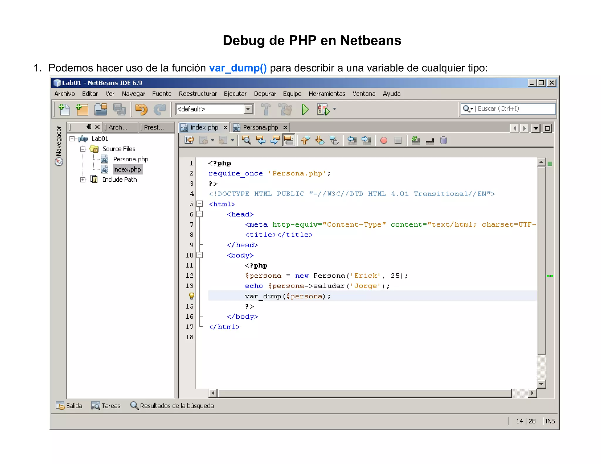 Debug de PHP en Netbeans
1. Podemos hacer uso de la función var_dump() para describir a una variable de cualquier tipo:
 