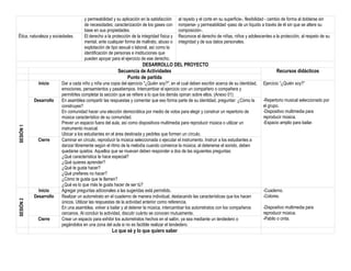 y permeabilidad y su aplicación en la satisfacción
de necesidades; caracterización de los gases con
base en sus propiedades.
al rayado y el corte en su superficie-, flexibilidad - cambio de forma al doblarse sin
romperse- y permeabilidad -paso de un líquido a través de él sin que se altere su
composición-.
Ética, naturaleza y sociedades. El derecho a la protección de la integridad física y
mental, ante cualquier forma de maltrato, abuso o
explotación de tipo sexual o laboral, así como la
identificación de personas e instituciones que
pueden apoyar para el ejercicio de ese derecho.
Reconoce el derecho de niñas, niños y adolescentes a la protección, al respeto de su
integridad y de sus datos personales.
DESARROLLO DEL PROYECTO
Secuencia de Actividades Recursos didácticos
Punto de partida
SESIÓN
1
Inicio Dar a cada niño y niña una copia del ejercicio "¿Quién soy?", en el cual deben escribir acerca de su identidad,
emociones, pensamientos y pasatiempos. Intercambiar el ejercicio con un compañero o compañera y
permitirles completar la sección que se refiere a lo que los demás opinan sobre ellos. (Anexo 01)
Ejercicio “¿Quién soy?”
-Repertorio musical seleccionado por
el grupo.
-Dispositivo multimedia para
reproducir música.
-Espacio amplio para bailar.
Desarrollo En asamblea compartir las respuestas y comentar que eso forma parte de su identidad, preguntar: ¿Cómo la
construyes?
En comunidad hacer una elección democrática por medio de votos para elegir y construir un repertorio de
música característico de su comunidad.
Prever un espacio fuera del aula, así como dispositivos multimedia para reproducir música o utilizar un
instrumento musical.
Ubicar a los estudiantes en el área destinada y pedirles que formen un círculo.
Cierre Caminar en círculo, reproducir la música seleccionada o ejecutar el instrumento. Instruir a los estudiantes a
danzar libremente según el ritmo de la melodía cuando comience la música; al detenerse el sonido, deben
quedarse quietos. Aquellos que se muevan deben responder a dos de las siguientes preguntas:
¿Qué característica te hace especial?
¿Qué quieres aprender?
¿Qué te gusta hacer?
¿Qué prefieres no hacer?
¿Cómo te gusta que te llamen?
¿Qué es lo que más te gusta hacer de ser tú?
SESIÓN
2
Inicio Agregar preguntas adicionales a las sugeridas está permitido. -Cuaderno.
-Colores.
-Dispositivo multimedia para
reproducir música.
-Pabilo o cinta.
Desarrollo Realizar un autorretrato en el cuaderno de manera individual, destacando las características que los hacen
únicos. Utilizar las respuestas de la actividad anterior como referencia.
En una asamblea, volver a bailar y al detener la música, intercambiar los autorretratos con los compañeros
cercanos. Al concluir la actividad, discutir cuánto se conocen mutuamente.
Cierre Crear un espacio para exhibir los autorretratos hechos en el salón, ya sea mediante un tendedero o
pegándolos en una zona del aula si no es factible realizar el tendedero.
Lo que sé y lo que quiero saber
 