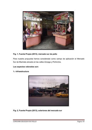 CONSUMO EXCESIVO DE POLLO Página 10
Fig. 1, Fuente Propia (2013), mercado sur de pollo
Para nuestra propuesta hemos considerado como campo de aplicación el Mercado
Sur de Machala ubicado en las calles Arizaga y Pichincha.
Los aspectos valorados son:
1.- Infraestructura
Fig. 2, Fuente Propia (2013), exteriores del mercado sur
 