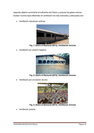 CONSUMO EXCESIVO DE POLLO Página 22
segundo objetivo suministrar el suficiente aire fresco y evacuar los gases nocivos.
Existen muchos tipos diferentes de ventilación los más conocidos y adecuados son:
Ventilación natural por cortinas
Fig. 7, Diario el Nacional (2013), Ventilación Avícola
Ventilación por presión negativa
Fig. 8, Diario el Nacional (2013), Ventilación Avícola
Ventilación por circulación de aire
Fig. 9, Diario el Nacional (2013), Ventilación Avícola
Ventilación positiva
 