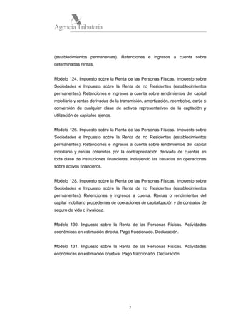 Agencia Tributaria

(establecimientos permanentes). Retenciones e ingresos a cuenta sobre
determinadas rentas.

Modelo 124. Impuesto sobre la Renta de las Personas Físicas. Impuesto sobre
Sociedades e Impuesto sobre la Renta de no Residentes (establecimientos
permanentes). Retenciones e ingresos a cuenta sobre rendimientos del capital
mobiliario y rentas derivadas de la transmisión, amortización, reembolso, canje o
conversión de cualquier clase de activos representativos de la captación y
utilización de capitales ajenos.

Modelo 126. Impuesto sobre la Renta de las Personas Físicas. Impuesto sobre
Sociedades e Impuesto sobre la Renta de no Residentes (establecimientos
permanentes). Retenciones e ingresos a cuenta sobre rendimientos del capital
mobiliario y rentas obtenidas por la contraprestación derivada de cuentas en
toda clase de instituciones financieras, incluyendo las basadas en operaciones
sobre activos financieros.

Modelo 128. Impuesto sobre la Renta de las Personas Físicas. Impuesto sobre
Sociedades e Impuesto sobre la Renta de no Residentes (establecimientos
permanentes). Retenciones e ingresos a cuenta. Rentas o rendimientos del
capital mobiliario procedentes de operaciones de capitalización y de contratos de
seguro de vida o invalidez.

Modelo 130. Impuesto sobre la Renta de las Personas Físicas. Actividades
económicas en estimación directa. Pago fraccionado. Declaración.

Modelo 131. Impuesto sobre la Renta de las Personas Físicas. Actividades
económicas en estimación objetiva. Pago fraccionado. Declaración.

7

 