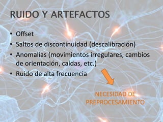 • Offset
• Saltos de discontinuidad (descalibración)
• Anomalías (movimientos irregulares, cambios
de orientación, caídas, etc.)
• Ruido de alta frecuencia
NECESIDAD DE
PREPROCESAMIENTO
 
