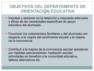 OBJETIVOS DEL DEPARTAMENTO DE ORIENTACIÓN EDUCATIVA Impulsar y asesorar en la detección y respuesta adecuada y eficaz de las necesidades específicas de apoyo educativo del alumnado. Favorecer los compromisos familiares y del alumnado con respecto a la mejora del rendimiento escolar y la mejora de la convivencia. Contribuir a la mejora de la convivencia escolar apostando por medidas sancionadoras: mediación escolar, actividades en beneficio a la comunidad educativa, talleres alternativos etc. 