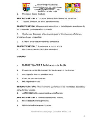 “Cuida el final como cuidas el principio, y no cosecharás el fracaso”. Laozi
16
2. Principales drogas de abuso
BLOQUE TEMÁTICO 5 Conceptos Básicos de la Orientación vocacional
1. Tipos de profesión por áreas de conocimiento
BLOQUE TEMÁTICO 6 Requerimientos cognitivos y de habilidades y destrezas de
las profesiones por áreas del conocimiento
1. Oportunidad de acceso a la educación superior ( instituciones, ofertantes,
prestamos, becas y requisitos)
2. Cambios en la vida universitaria y profesional
BLOQUE TEMÁTICO 7 Acercándose al mundo laboral
1. Opciones de mercado laboral en mi contexto
GRADO 9°
• BLOQUE TEMÁTICO 1 Sentido y proyecto de vida
4. El punto de partida Mi situación: Mis fortalezas y mis debilidades.
5. Autobiografía: Infancia y Adolescencia
6. Como me veo, como me ven
A. Mis propósitos de vida
BLOQUE TEMÁTICO 2 Reconocimiento y potenciación de habilidades, destrezas y
competencias básicas.
2. AUTOESQUEMAS, Autoconcepto y autoeficiencia
BLOQUE TEMÁTICO 3 Fomento del desarrollo humano.
3. Necesidades humanas primarias
4. Necesidades humanas secundarias
 