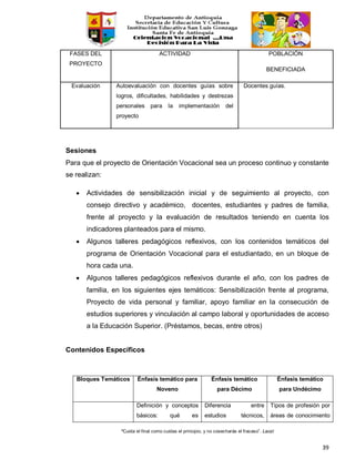 “Cuida el final como cuidas el principio, y no cosecharás el fracaso”. Laozi
39
FASES DEL
PROYECTO
ACTIVIDAD POBLACIÓN
BENEFICIADA
Evaluación Autoevaluación con docentes guías sobre
logros, dificultades, habilidades y destrezas
personales para la implementación del
proyecto
Docentes guías.
Sesiones
Para que el proyecto de Orientación Vocacional sea un proceso continuo y constante
se realizan:
• Actividades de sensibilización inicial y de seguimiento al proyecto, con
consejo directivo y académico, docentes, estudiantes y padres de familia,
frente al proyecto y la evaluación de resultados teniendo en cuenta los
indicadores planteados para el mismo.
• Algunos talleres pedagógicos reflexivos, con los contenidos temáticos del
programa de Orientación Vocacional para el estudiantado, en un bloque de
hora cada una.
• Algunos talleres pedagógicos reflexivos durante el año, con los padres de
familia, en los siguientes ejes temáticos: Sensibilización frente al programa,
Proyecto de vida personal y familiar, apoyo familiar en la consecución de
estudios superiores y vinculación al campo laboral y oportunidades de acceso
a la Educación Superior. (Préstamos, becas, entre otros)
Contenidos Específicos
Bloques Temáticos Énfasis temático para
Noveno
Énfasis temático
para Décimo
Énfasis temático
para Undécimo
Definición y conceptos
básicos: qué es
Diferencia entre
estudios técnicos,
Tipos de profesión por
áreas de conocimiento
 