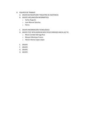 8. EQUIPOS DE TRABAJO
A. GRUPO DE RECEPCIÓN Y REGISTRO DE ASISTENCIA
B. GRUPO VACUNACIÓN INFORMÁTICA
o Carlos Augusto
o Juan Manuel Sánchez
o Henry
C. GRUPO INFORMACIÓN TECNOLÓGICA
D. GRUPO TEST INTELIGENCIAS MÚLTIPLES DIRIGIDO HACIA LAS TIC.
o María Caridad Idárraga Ruiz
o Maryori Montoya Franco
o Héctor Alonso López López
E. GRUPO
F. GRUPO
G. GRUPO
H. GRUPO
 