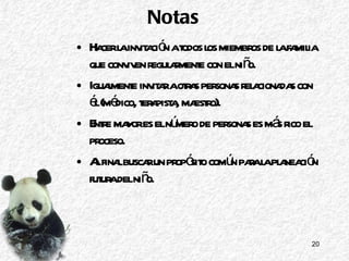 Notas Hacer la invitación a todos los miembros de la familia que conviven regularmente con el niño. Igualmente invitar a otras personas relacionadas con él (médico, terapista, maestro). Entre mayor es el número de personas es más rico el proceso. Al final buscar un propósito común para la planeación futura del niño. 