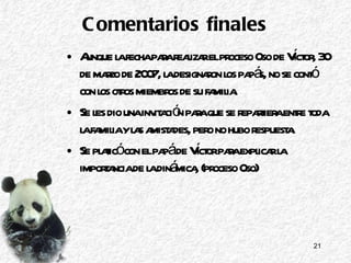 Comentarios finales Aunque la fecha para realizar el proceso Oso de Víctor, 30 de marzo de 2007, la designaron los papás, no se contó con los otros miembros de su familia. Se les dio una invitación para que se repartiera entre toda la familia y las amistades, pero no hubo respuesta. Se platicó con el papá de Víctor para explicar la importancia de la dinámica, (proceso Oso) 