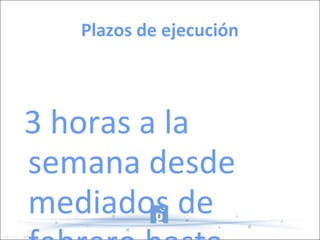Plazos de ejecución 3 horas a la semana desde mediados de febrero hasta mediados de septiembre.  