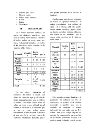  Silicona para vidrio
 Base de cartón
 Pintura negra en spray
 Cables
 Estaño
 Multímetro
III. DESARROLLO
En el primer prototipo realizado, se
usaron los siguientes materiales: una
base de cartón, papel aluminio, alambre
de cobre, sulfato de cobre, agua, sal,
limón, pasta dental, tachuelas. Los costos
de los materiales están descritos en la
siguiente tabla. Tabla 1.
Material
Cantida
d
Precio
unitar
io
precio
Alambre
de cobre
1 $ 1.20 $ 1.20
Sulfato
de cobre
1 $ 1.70 $ 1.70
Pasta
dental
1 $ 1 $ 1
Limón 2 $ 0.10 $ 0.20
Sal 1 $ 1 $ 1
Tachuela
s
16
$
0.10/3
tachue
las
$ 0.50
Total $ 5.60
En este primer experimento al
momentos de aplicar la mezcla del
sulfato de cobre con agua y sal sobre la
lámina de papel aluminio este se oxidaba
al instante. Esto ocurre debido a que, el
sulfato de cobre es una sal igual que el
cloruro de sodio que es la sal común que
se usa en casa, actúan como
catalizadores es decir aceleren el proceso
de una reacción y este caso esta en la
oxidación del aluminio. Por dicho efecto
este primer prototipo no es efectivo ni
funcional.
En el segundo experimento realizado
se usaron los siguientes materiales: 19
celdas fotovoltaicas, dos pedazos de
vidrio (40 x 60 cm), cable utp, estaño,
cautín, pintura en espray (negro), barras
de silicona, cartulina, pasta de soldadura.
Los costos de los materiales que se
usaron están descritos en la siguiente
tabla. Tabla 2.
Material
Cantida
d
Preci
o
unita
rio
precio
Celdas
fotovoltai
cas
17 $ 4.00 $ 68
Celdas
fotovoltai
cas
2 $ 2.30 $ 4.60$
Cartulina 1 $ 0.10 $ 0.10
Barras de
silicona
5 $ 0.15 $ 0.75
Vidrio 2 $ 1.70 $ 3.40
Cable utp 1m $ 0.80 $ 0.80
Estaño 1m $ 0.50 $ 0.50
Pasta de
soldadura
1 $ 1.00 $ 1.00
Espray
(negro)
1 $ 1.50 $ 1.50
Total $ 80.65
Este segundo prototipo funcionó a la
perfección. Se realizaron dos tipos de
conexiones; la primera es un circuito
conectado en paralelo, esto con la
finalidad de mantener el voltaje
individual de cada celda que es de 5
voltios para poder cargar dispositivos
móviles. La otra conexión que se realizó
es un circuito conectado en serie y en
paralelo, decir el circuito en serie es para
 