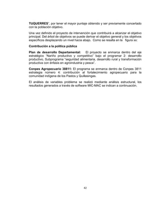 42
TUQUERRES”, por tener el mayor puntaje obtenido y ser previamente concertado
con la población objetivo.
Una vez definido el proyecto de intervención que contribuirá a alcanzar el objetivo
principal. Del árbol de objetivos se puede derivar el objetivo general y los objetivos
específicos desplazando un nivel hacia abajo. Como se resalta en la figura xx:
Contribución a la política pública
Plan de desarrollo Departamental: El proyecto se enmarca dentro del eje
estratégico “Nariño productivo y competitivo” bajo el programar 2: desarrollo
productivo, Subprograma “seguridad alimentaria, desarrollo rural y transformación
productiva con énfasis en agroindustria y pesca”.
Conpes Agropecuario 38811: El programa se enmarca dentro de Conpes 3811
estrategia número 4: contribución al fortalecimiento agropecuario para la
comunidad indígena de los Pastos y Quillasingas.
El análisis de variables problema se realizó mediante análisis estructural, los
resultados generados a través de software MIC-MAC se indican a continuación.
 
