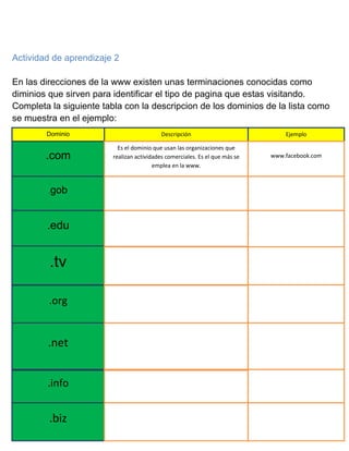 Actividad de aprendizaje 2
En las direcciones de la www existen unas terminaciones conocidas como
diminios que sirven para identificar el tipo de pagina que estas visitando.
Completa la siguiente tabla con la descripcion de los dominios de la lista como
se muestra en el ejemplo:
Dominio

Descripción

Ejemplo

.com

Es el dominio que usan las organizaciones que
realizan actividades comerciales. Es el que más se
emplea en la www.

www.facebook.com

gob

.

.edu

.tv
.org

.net
.info

.biz

 