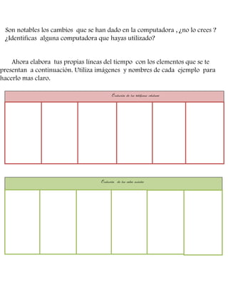 Son notables los cambios que se han dado en la computadora , ¿no lo crees ?
¿Identificas alguna computadora que hayas utilizado?

Ahora elabora tus propias líneas del tiempo con los elementos que se te
presentan a continuación. Utiliza imágenes y nombres de cada ejemplo para
hacerlo mas claro.
Evolución de los teléfonos celulares

Evolución de las redes sociales

 
