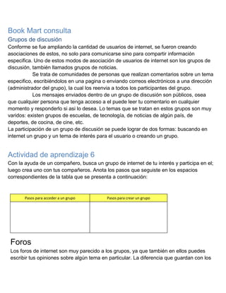 Book Mart consulta
Grupos de discusión
Conforme se fue ampliando la cantidad de usuarios de internet, se fueron creando
asociaciones de estos, no solo para comunicarse sino para compartir información
especifica. Uno de estos modos de asociación de usuarios de internet son los grupos de
discusión, también llamados grupos de noticias.
Se trata de comunidades de personas que realizan comentarios sobre un tema
especifico, escribiéndolos en una pagina o enviando correos electrónicos a una dirección
(administrador del grupo), la cual los reenvia a todos los participantes del grupo.
Los mensajes enviados dentro de un grupo de discusión son públicos, osea
que cualquier persona que tenga acceso a el puede leer tu comentario en cualquier
momento y responderlo si asi lo desea. Lo temas que se tratan en estos grupos son muy
varidos: existen grupos de escuelas, de tecnología, de noticias de algún país, de
deportes, de cocina, de cine, etc.
La participación de un grupo de discusión se puede lograr de dos formas: buscando en
internet un grupo y un tema de interés para el usuario o creando un grupo.

Actividad de aprendizaje 6
Con la ayuda de un compañero, busca un grupo de internet de tu interés y participa en el;
luego crea uno con tus compañeros. Anota los pasos que seguiste en los espacios
correspondientes de la tabla que se presenta a continuación:

Pasos para acceder a un grupo

Pasos para crear un grupo

Foros
Los foros de internet son muy parecido a los grupos, ya que también en ellos puedes
escribir tus opiniones sobre algún tema en particular. La diferencia que guardan con los

 