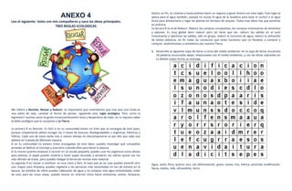 bolsos, en fin, se creativo y hasta podrías hacer un negocio y ganar dinero con esta regla. Esta regla se
                                      ANEXO 4                                                           aplica para el agua también, porqué no reusar el agua de la lavadora para lavar el coche? o el agua
Leo el siguiente texto con mis compañeros y saco las ideas principales.                                 lluvia para almacenarla y regar las plantas en tiempos de sequías. Todas esas ideas hay que ponerlas
                                                                                                        en práctica.
                            TRES REGLAS ECOLOGICAS
                                                                                                        La tercera R es la de Reducir: Reducir las compras compulsivas, las compras innecesarias de alimentos
                                                                                                        y jabones. Es muy global decir reducir pero así tiene que ser, reducir las salidas en el auto
                                                                                                        innecesarias y optimizar las salidas, salir en grupo, reducir el consumo de agua, reducir la utilización
                                                                                                        de bolsas plásticas, en fin todas las conductas que antes hacíamos que no llevaban a comprar y
                                                                                                        comprar, analicémoslas y cambiemos por nuestra Tierra.

                                                                                                        1. Desarrollo la siguiente sopa de letras a cerca del medio ambiente: en la sopa de letras encuentra
                                                                                                           18 palabras enunciadas abajo, relacionadas con el medio ambiente; y con las letras sobrantes en
                                                                                                           su debido orden forma un mensaje.




Me refiero a Reciclar, Reusar y Reducir, es importante que entendamos que más que una moda es
una estilo de vida, cambiar el forma de pensar, siguiendo esta regla ecológica. Pero cómo lo
logramos? muchas veces la gente inconscientemente bota y desperdicia de todo, sin ni siquiera saber
el daño ecológico que le causamos a La Tierra.

La primera R es Reciclar: Es fácil si en tu comunidad tienes un Ente que se encargue de este paso,
porque simplemente debes escoger las 3 clases de basuras: Biodegradables u orgánicas, Plásticos y
Vidrios. Cada uno de estos tarda más o menos tiempo en descomponerse es por ello que cada una
deberá ser tratada de diferente manera.
Si en tu comunidad no existen Entes encargados de esta labor, puedes investigar qué compañías
privadas se dedicar al reciclaje y acercarte a donde ellos para llevar tu basura.
Si tú mismo quieres empezar a reciclar en un escala pequeña, puedes usar los orgánicos como abono
para plantas, el papel puedes molerlo y hacer papel reciclado y venderlo, los vidrios quizás son los
más difíciles de tratar, pero puedes indagar la forma de reciclar este material
La segunda R es reusar o reutilizar: es muy claro y fácil, la ropa que ya no usas puedes ponerle otro   Agua, suelo, flora, quema, aire, sol, deforestación, gases, ozono, ríos, hídrica, pesticida, acidificación,
uso, trapos para limpieza, puedes regalarla a las personas más necesitadas en vez de botarla en la      fauna, óxidos, vida, ultravioleta, tierra
basura, las botellas de vidrio puedes rellenarlas de agua y no comprar más agua embotellada, miles
de usos para las cosas viejas, puedes buscar en internet cómo hacer artesanías, aretes, lámparas,
 