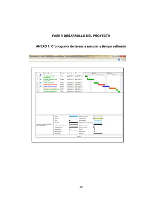 FASE V DESARROLLO DEL PROYECTO


ANEXO 1: Cronograma de tareas a ejecutar y tiempo estimado




                            20
 
