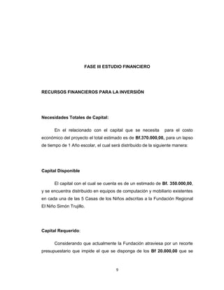 FASE III ESTUDIO FINANCIERO




RECURSOS FINANCIEROS PARA LA INVERSIÓN




Necesidades Totales de Capital:

      En el relacionado con el capital que se necesita         para el costo
económico del proyecto el total estimado es de Bf.370.000,00, para un lapso
de tiempo de 1 Año escolar, el cual será distribuido de la siguiente manera:




Capital Disponible

      El capital con el cual se cuenta es de un estimado de Bf. 350.000,00,
y se encuentra distribuido en equipos de computación y mobiliario existentes
en cada una de las 5 Casas de los Niños adscritas a la Fundación Regional
El Niño Simón Trujillo.




Capital Requerido:

      Considerando que actualmente la Fundación atraviesa por un recorte
presupuestario que impide el que se disponga de los Bf 20.000,00 que se



                                      9
 