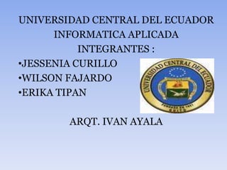 UNIVERSIDAD CENTRAL DEL ECUADOR  INFORMATICA APLICADA  INTEGRANTES : ,[object Object]