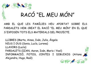 RACÓ “EL MEU MÓN”
AMB EL QUE LES FAMÍLIES HEU APORTAT SOBRE ELS
PARDALETS HEM CREAT EL RACÓ "EL MEU MÓN" EN EL QUE
S'EXPOSEN TOTS ELS MATERIALS DEL PROJECTE.

LLIBRES (Marta, Ainoa, Iván, Julia, Ángela
NIUS I OUS (Sonia, Lucía, Lorena)
LLAVORS (Lucía)
PARDALETS (IZAN, Aaron, Iván, Mario i Yoel)
INFORMACIÓ, FOTOS, CONTES I DIBUIXOS (Aitana J.,
Alejandra, Hugo, Raúl)
 