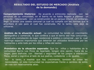 RESULTADO DEL ESTUDIO DE MERCADO (Análisis
                       de la demanda)

Comportamiento Histórico: De acuerdo a entrevista realizada con las
personas de La comunidad, en el barrio no se había llegado a planear un
proyecto relacionado con La construcción de un parque infantil, sin embargo,
llegó a existir una caseta comunal La cual no cumplía con las normas que le
ameritara el uso para el cual fue construida. Por lo tanto, esta dejó de
utilizarse.


Análisis de la situación actual: La comunidad ha tenido un crecimiento
demográfico y comercial, lo que conlleva a que el barrio sea más concurrido,
dando una connotación de lugar residencial a público o comercial , por lo cual
restringe espacios importantes que deberían ser utilizados libremente por los
habitantes y ante todo por los niños y niñas del sector.

Pronóstico de la situación esperada: Que los niños y habitantes de la
comunidad Barrio Los Pinos de Apartadó, tengan otra opción, fuera de su
hogar, para disfrutar, con libertad y seguridad de los juegos e interacción
física, social y cognitiva al lado de sus padres, cuidadores y de iguales.
 Por    lo tanto, a medida que hay crecimiento, también se crean las
 necesidades, en esta Comunidad las expectativas frente a cambios de estilo
 de vida son relativamente altas.
 