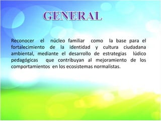 Reconocer el núcleo familiar como la base para el
fortalecimiento de la identidad y cultura ciudadana
ambiental, mediante el desarrollo de estrategias lúdico
pedagógicas que contribuyan al mejoramiento de los
comportamientos en los ecosistemas normalistas.

 