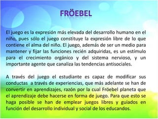 El juego es la expresión más elevada del desarrollo humano en el
niño, pues sólo el juego constituye la expresión libre de lo que
contiene el alma del niño. El juego, además de ser un medio para
mantener y fijar las funciones recién adquiridas, es un estímulo
para el crecimiento orgánico y del sistema nervioso, y un
importante agente que canaliza las tendencias antisociales.

A través del juego el estudiante es capaz de modificar sus
conductas a través de experiencias, que más adelante se han de
convertir en aprendizajes, razón por la cual Fröebel planeta que
el aprendizaje debe hacerse en forma de juego. Para que esto se
haga posible se han de emplear juegos libres y guiados en
función del desarrollo individual y social de los educandos.

 