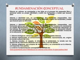 FUNDAMENACIÓN CONCEPTUAL
Educar en valores: es acompañar a los hijos en el proceso de respuesta libre y
personal sobre su propia identidad y sobre los horizontes y metas que buscan
para su facilidad .
Valores e identidad son, en consecuencia dos realidades inseparables. Una
formación plena que permita configurar la identidad y sobre los horizontes y metas
que buscan para su felicidad.
Valores e identidad son en consecuencia dos realidades inseparables. una
formación plena que permita configurar la identidad de ser humano en crecimiento
no puede desvincularse o prescindir de una seria bien planificada educación en
los valores. El protagonismo de los padres y más en la etapa de educación infantil,
es insustituible. Ellos son los que van a decidir qué valores pretenden involucrar
en la educación de sus hijos. Los valores pueden agruparse:
1. Valores biológicos: alimentos, salud, etc. son necesidades básicas.
2. Valores intelectuales: el conocimiento, la creatividad, razonamiento, etc. origina
el mundo cultural del niño.
3. Valores morales: el respeto, la tolerancia, la solidaridad, la verada son los
pilares de las relaciones afectivas con el mundo y con los demás.
4. Valores religiosos: son propios de los creyentes y su orientación en la infancia,
corresponde a los padres.
La anterior fundamentación conceptual fue tomada de:
www.guiainfantil.com/1145/educar-en-valores-a-los-niños--tv-para-padres.html
 
