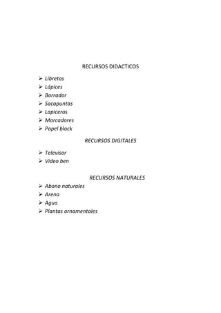 RECURSOS DIDACTICOS








Libretas
Lápices
Borrador
Sacapuntas
Lapiceros
Marcadores
Papel block
RECURSOS DIGITALES

 Televisor
 Video ben
RECURSOS NATURALES





Abono naturales
Arena
Agua
Plantas ornamentales

 