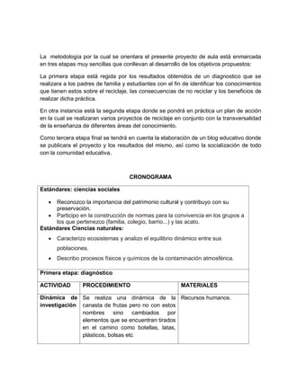 La metodología por la cual se orientara el presente proyecto de aula está enmarcada en tres etapas muy sencillas que conllevan al desarrollo de los objetivos propuestos: 
La primera etapa está regida por los resultados obtenidos de un diagnostico que se realizara a los padres de familia y estudiantes con el fin de identificar los conocimientos que tienen estos sobre el reciclaje, las consecuencias de no reciclar y los beneficios de realizar dicha práctica. 
En otra instancia está la segunda etapa donde se pondrá en práctica un plan de acción en la cual se realizaran varios proyectos de reciclaje en conjunto con la transversalidad de la enseñanza de diferentes áreas del conocimiento. 
Como tercera etapa final se tendrá en cuenta la elaboración de un blog educativo donde se publicara el proyecto y los resultados del mismo, así como la socialización de todo con la comunidad educativa. 
CRONOGRAMA 
Estándares: ciencias sociales 
 Reconozco la importancia del patrimonio cultural y contribuyo con su preservación. 
 Participo en la construcción de normas para la convivencia en los grupos a los que pertenezco (familia, colegio, barrio...) y las acato. 
Estándares Ciencias naturales: 
 Caracterizo ecosistemas y analizo el equilibrio dinámico entre sus poblaciones. 
 Describo procesos físicos y químicos de la contaminación atmosférica. 
Primera etapa: diagnóstico 
ACTIVIDAD 
PROCEDIMIENTO 
MATERIALES 
Dinámica de investigación 
Se realiza una dinámica de la canasta de frutas pero no con estos nombres sino cambiados por elementos que se encuentran tirados en el camino como botellas, latas, plásticos, bolsas etc 
Recursos humanos.  