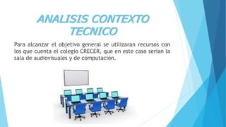 ANALISIS CONTEXTO
TECNICO
Para alcanzar el objetivo general se utilizaran recursos con
los que cuenta el colegio CRECER, que en este caso serían la
sala de audiovisuales y de computación.
 