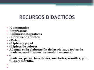 RECURSOS DIDACTICOS
•
•
•
•
•
•
•
•

-Computador
-impresoras
-Cámaras fotográficas
-Libretas de apuntes.
-Metro
-Lápices y papel
-Lápices de colores.
Además en la elaboración de las riatas, o trojas de
madera, se utilizaran herramientas como:
• maderas, palas, barretones, machetes, semillas, pun
tillas, y martillo.
•
•

 